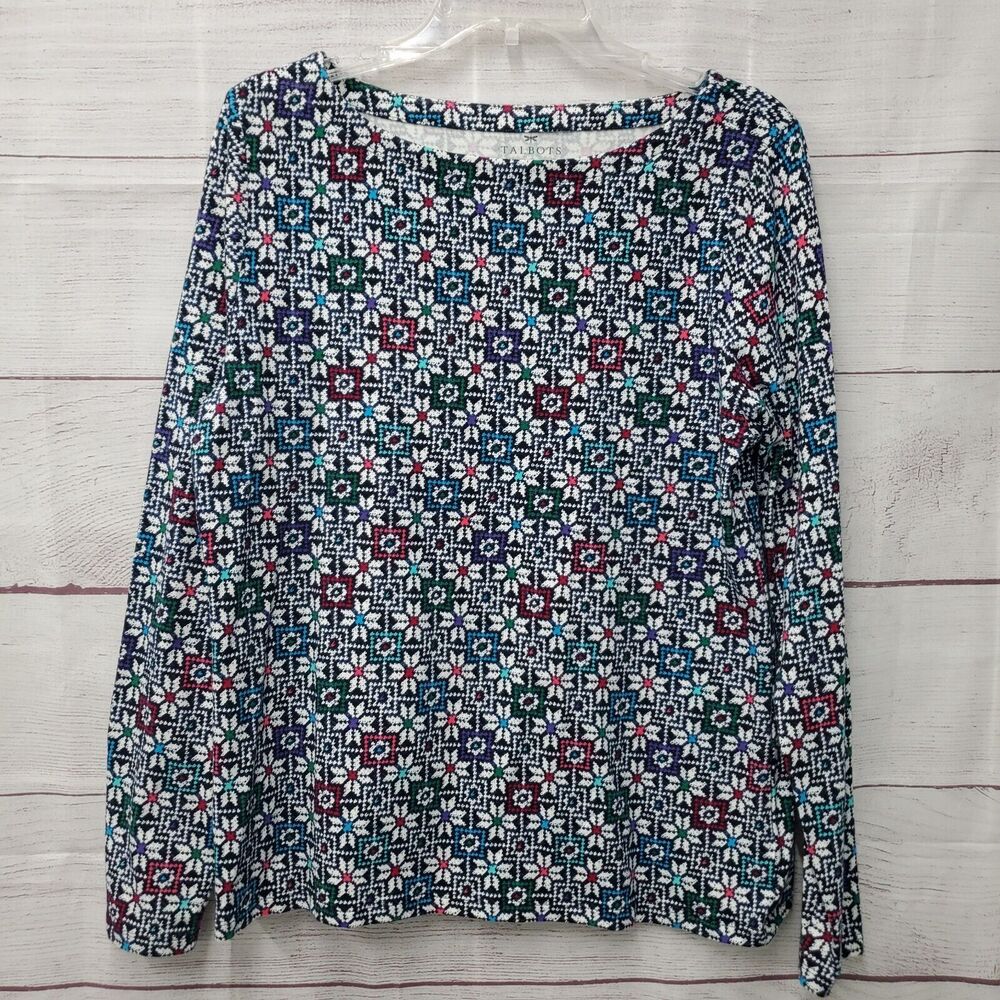 Talbots Geometric Floral Long Sleeve Tee Top Stretch Size Large Snowflakes